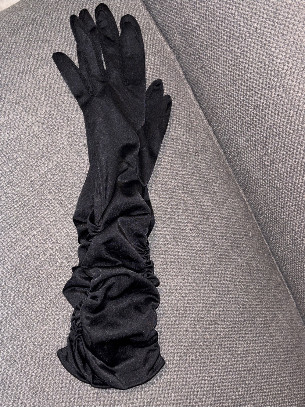 Black satin like ruched evening gloves
